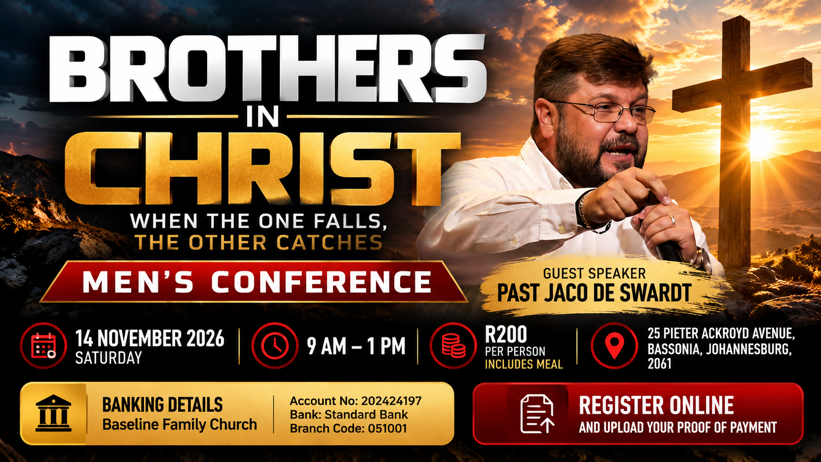 Brothers in Christ conference poster featuring Pastor Jaco de Swardt